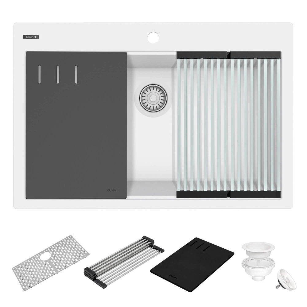 33" Granite Workstation Drop-in Topmount Kitchen Sink Matte White