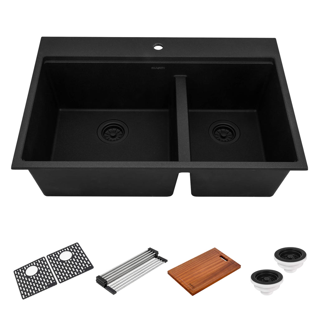 33" Workstation Double Bowl Topmount Kitchen Sink Charcoal Black