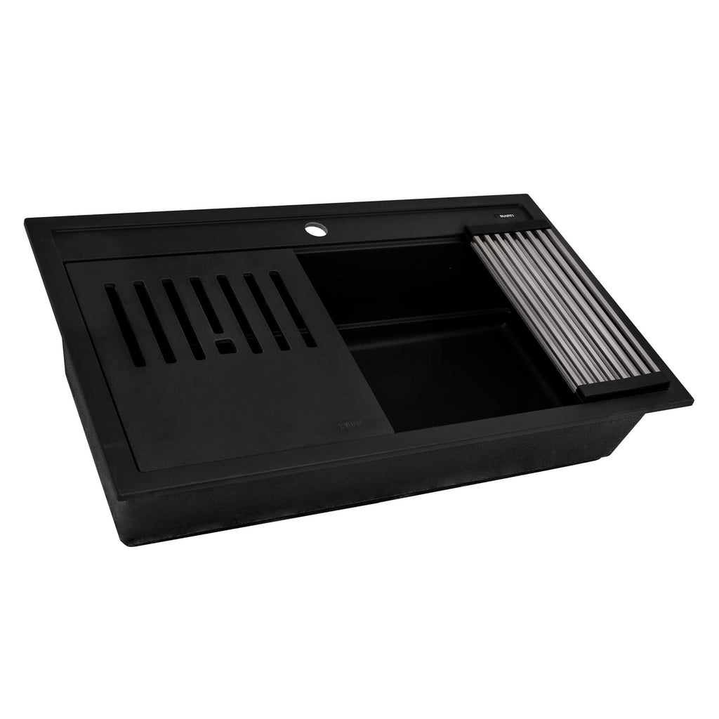 34" Granite Workstation Drop-in Topmount Kitchen Sink Matte Black