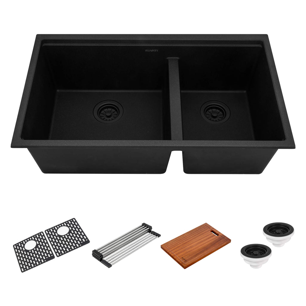 33" Workstation Double Bowl Undermount Kitchen Sink Charcoal Black