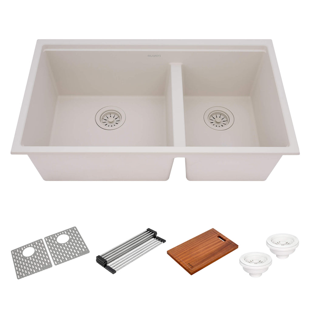 33" Workstation Double Bowl Undermount Kitchen Sink Warm White