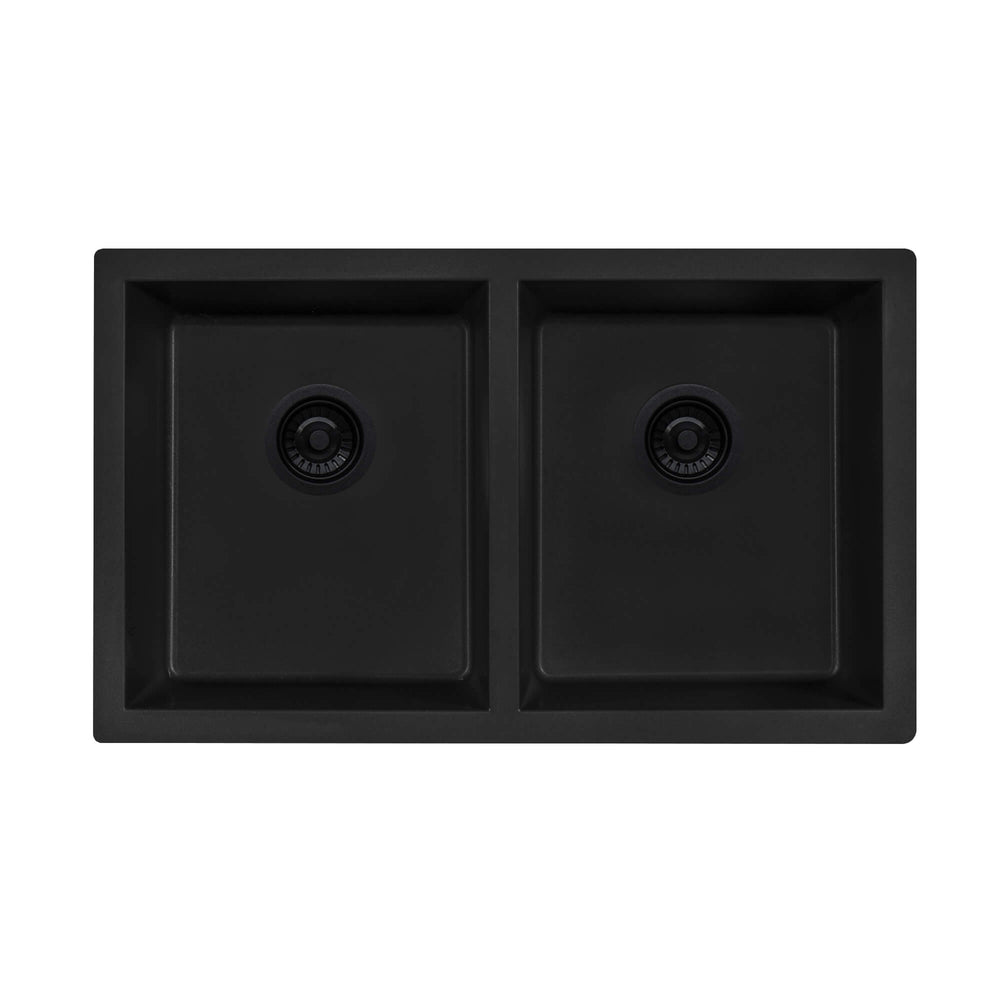 32 x 19 inch Granite Composite Undermount Double Bowl Kitchen Sink Midnight Black