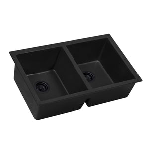32 x 19 inch Granite Composite Undermount Double Bowl Kitchen Sink Midnight Black