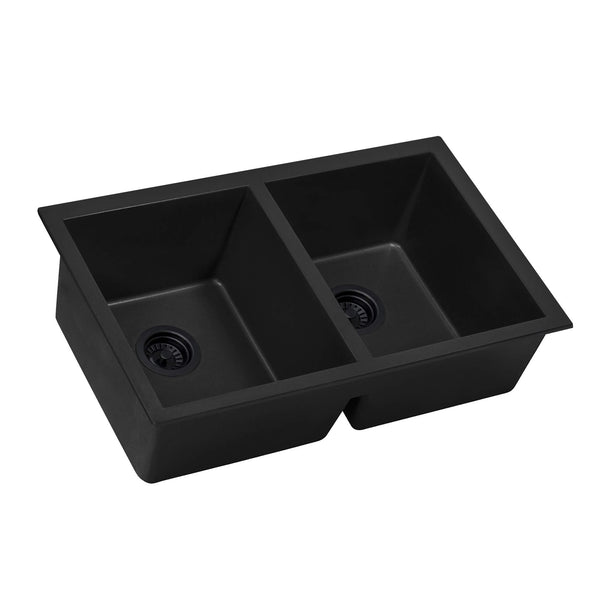 32 x 19 inch Granite Composite Undermount Double Bowl Kitchen Sink Midnight Black