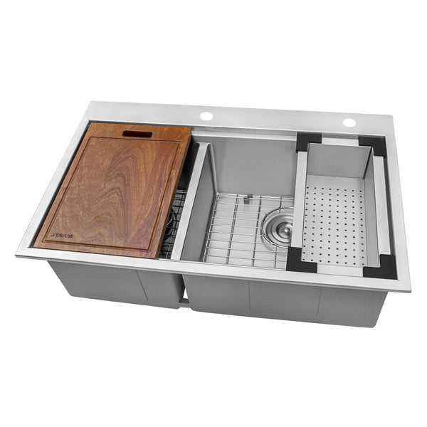 33 x 22 '' Workstation Drop-in 40/60 Double Bowl Topmount Rounded Corners Kitchen Sink