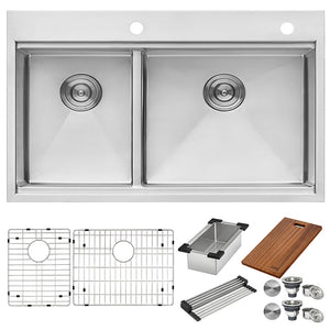 33 x 22 '' Workstation Drop-in 40/60 Double Bowl Topmount Rounded Corners Kitchen Sink