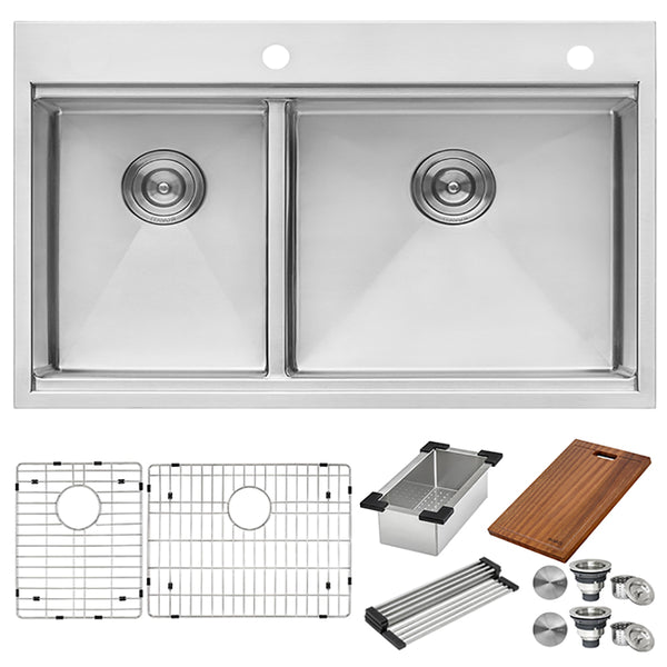 33 x 22 '' Workstation Drop-in 40/60 Double Bowl Topmount Rounded Corners Kitchen Sink