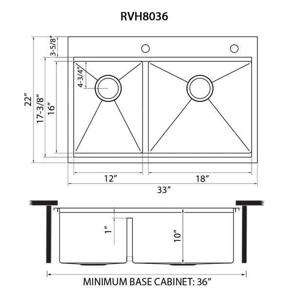 33 x 22 '' Workstation Drop-in 40/60 Double Bowl Topmount Rounded Corners Kitchen Sink