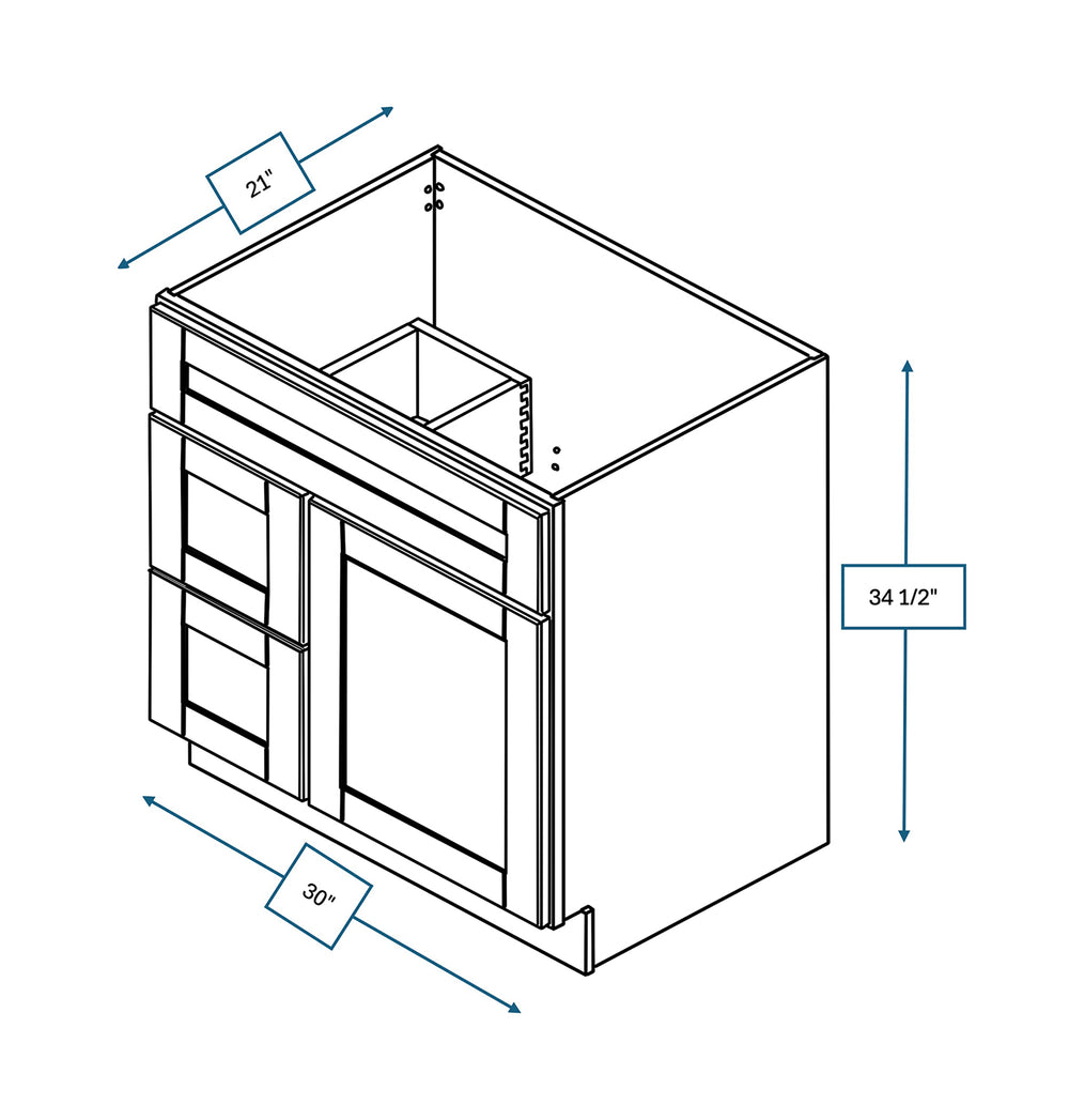 Malibu White 30 in. Wide x 21 in. Deep x 34.5 in. Tall - Vanity Drawer Sink Base Shaker Cabinet (Left)