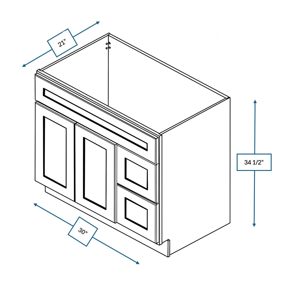 Platinum Grey 30 in. Wide x 21 in. Deep x 34.5 in. Tall - Vanity Drawer Sink Base Shaker Cabinet (Right)