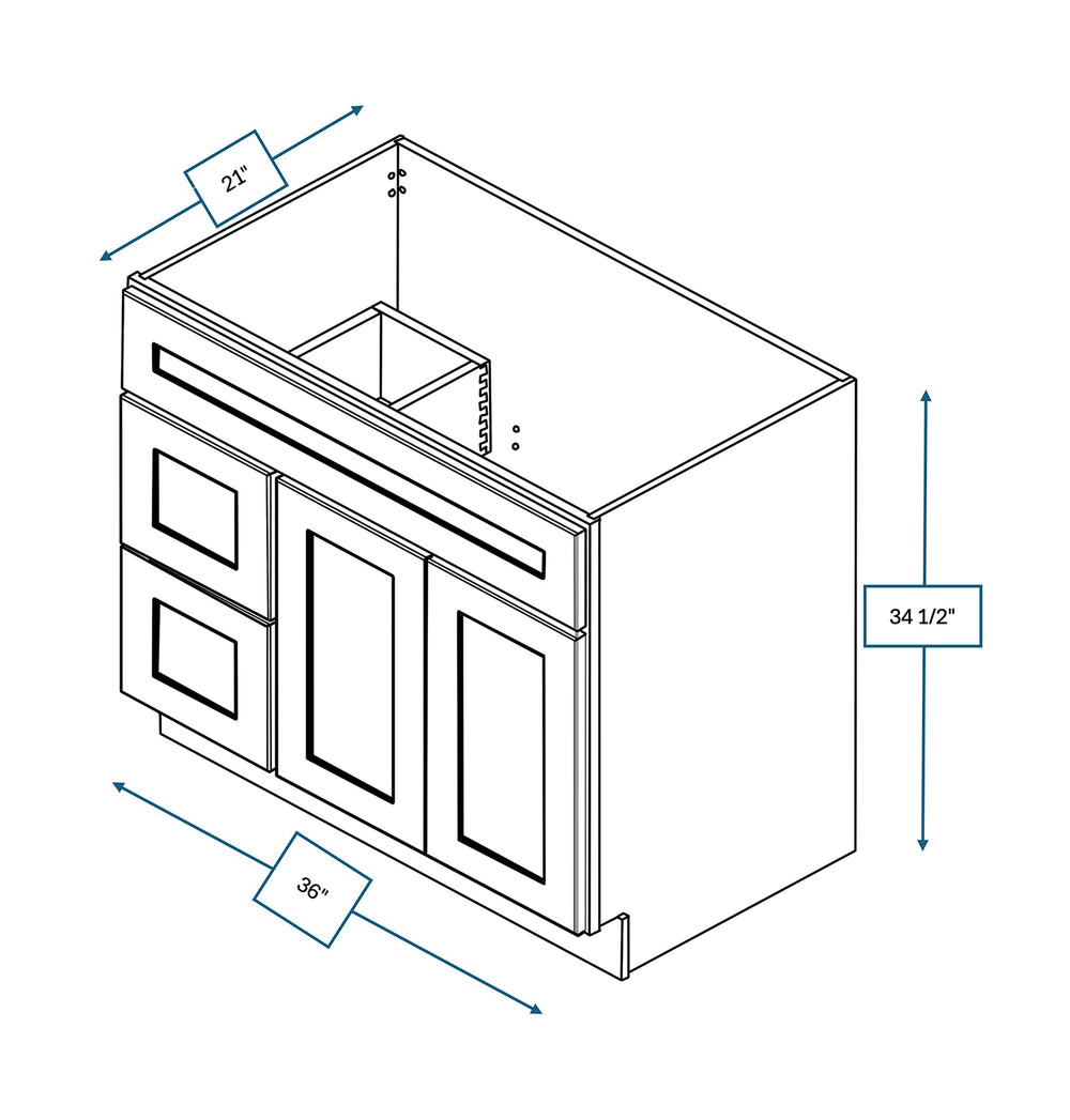 Platinum Grey 36 in. Wide x 21 in. Deep x 34.5 in. Tall - Vanity Drawer Sink Base Shaker Cabinet (Left)