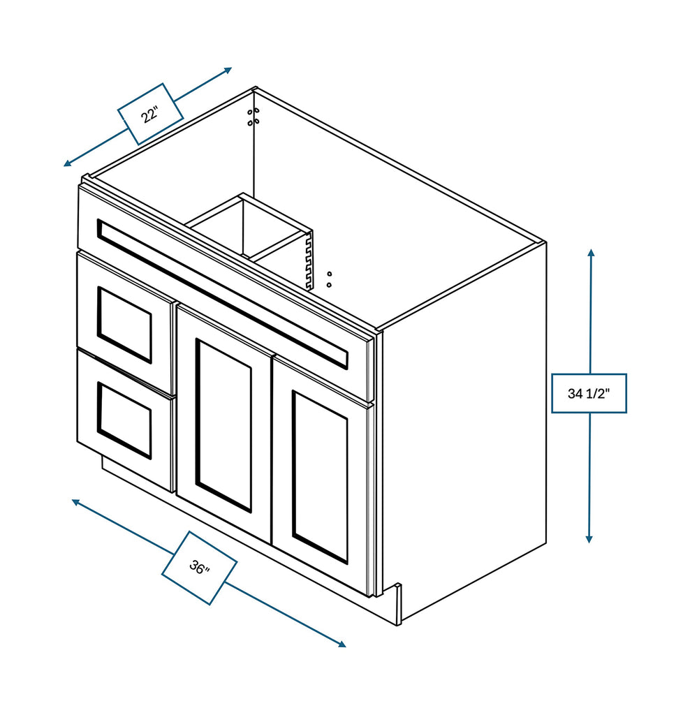 Platinum Grey Shaker 36 in. Vanity Drawer Sink Base Cabinet (Left)