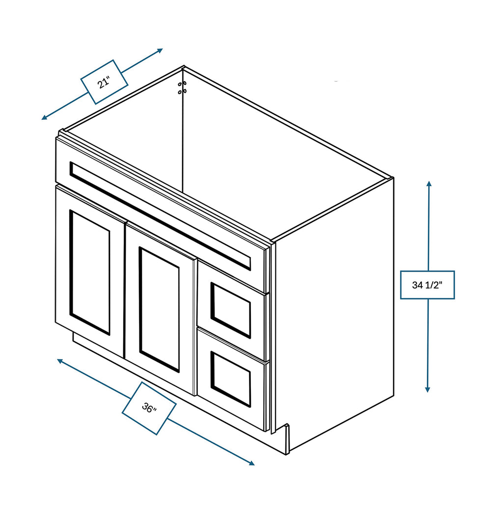 Platinum Grey 36 in. wide x 21 in. Deep x 34.5 in. Tall - Vanity Drawer Sink Base Shaker Cabinet (Right)