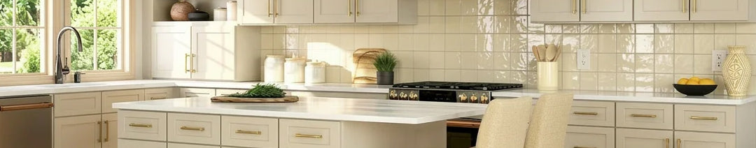 Image of beautiful kitchen using Builder's Pride Bluff tan cabinets and gold hardware