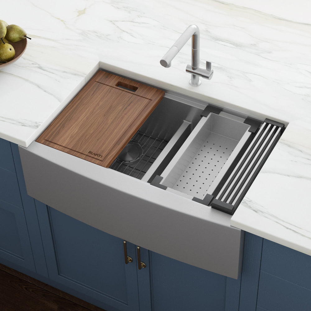 Rounded Corners Apron Front Workstation Farmhouse 16G 33x22 60/40 Double Bowl