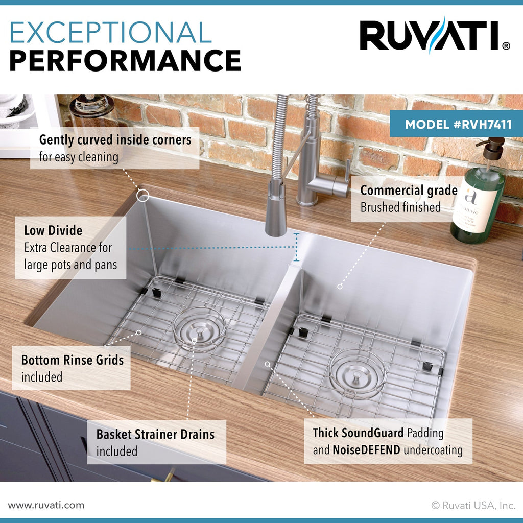 32-'' Low-Divide Undermount 50/50 Double Bowl 16 Gauge Rounded Corners Stainless Steel Kitchen Sink