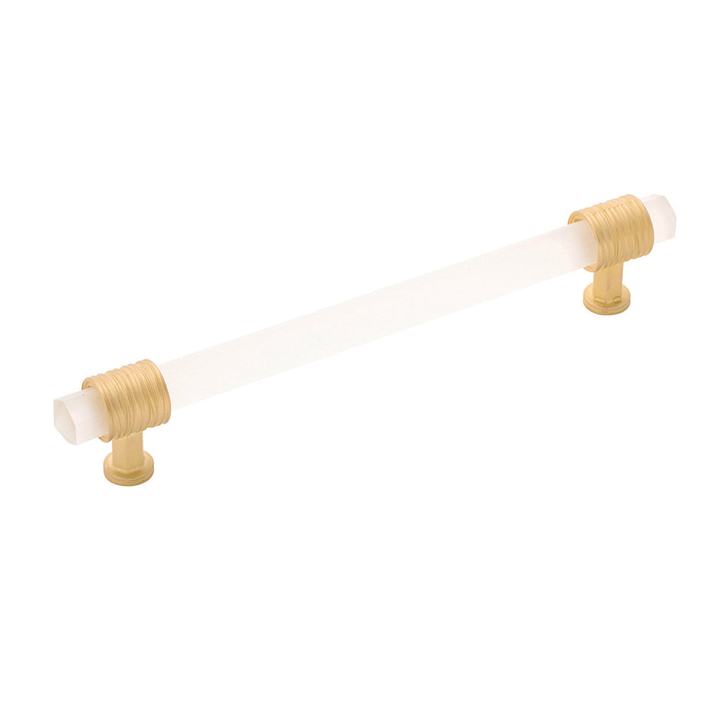 Chrysalis Pull 6-5/16 Inch (160mm) Center to Center Brushed Golden Brass with Frosted Glass Finish