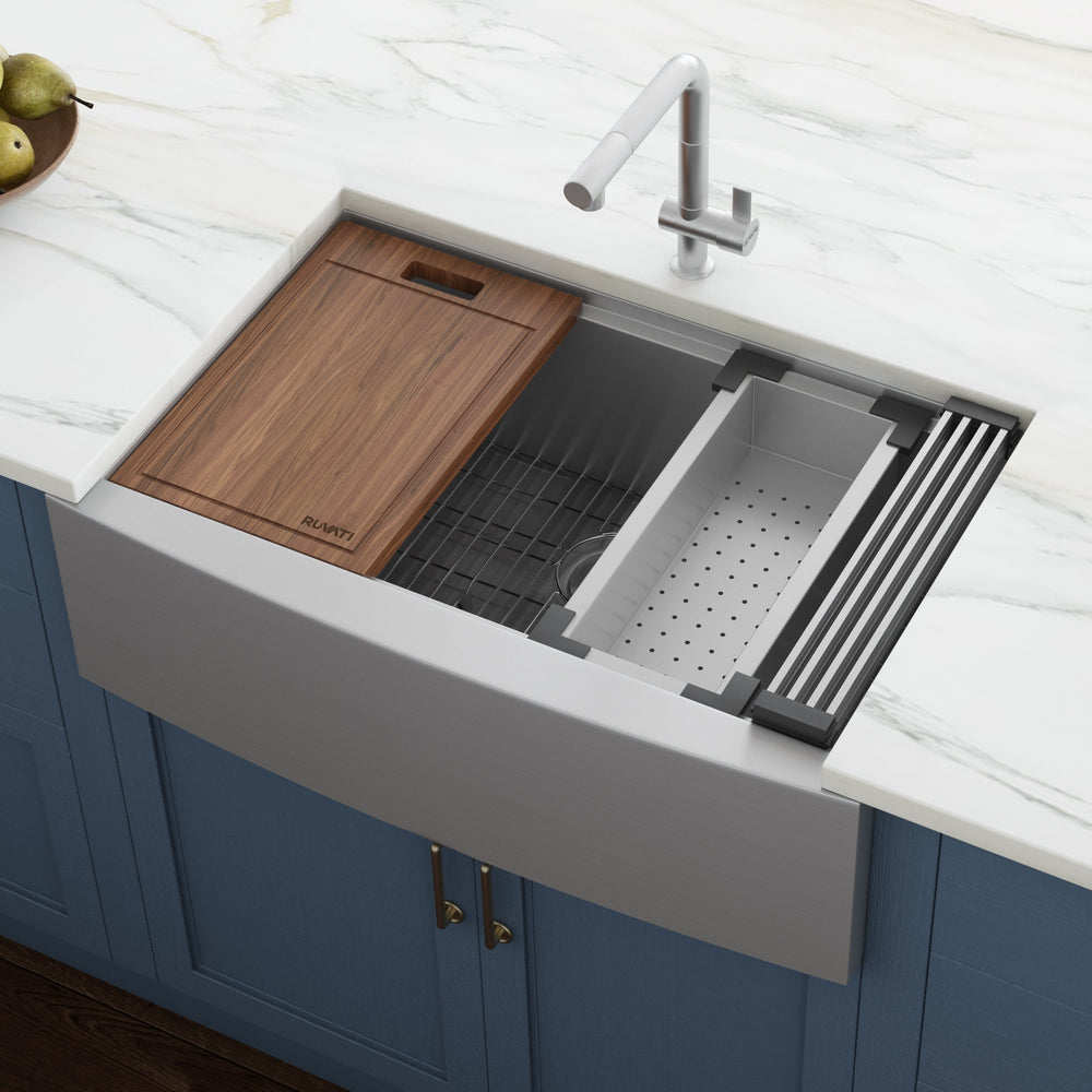 Rounded Corners Apron Front Workstation Farmhouse 16G 33x22 Single Bowl