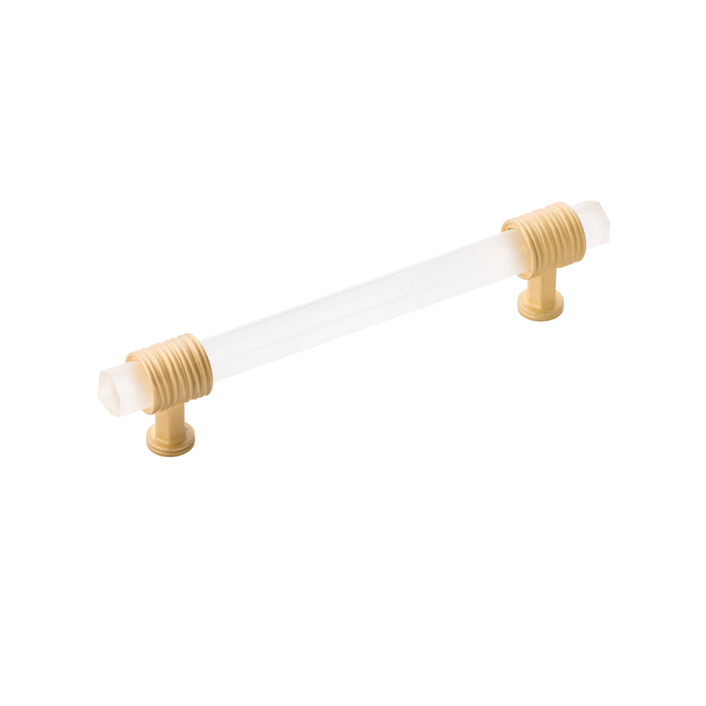 Chrysalis Pull 5-1/16 Inch (128mm) Center to Center Brushed Golden Brass with Frosted Glass Finish