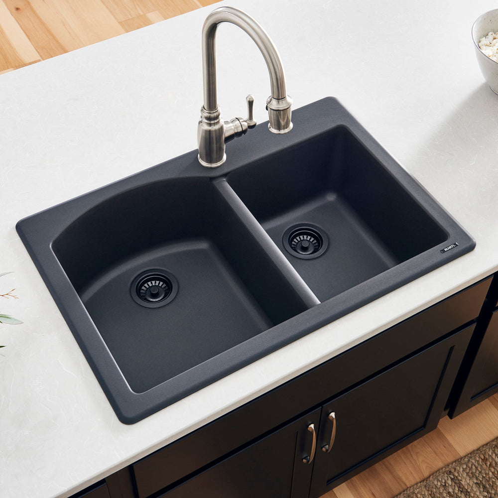 Granite Dual Mount Sink 33 x 22 60/40 L Double Basin Sink Midnight Black