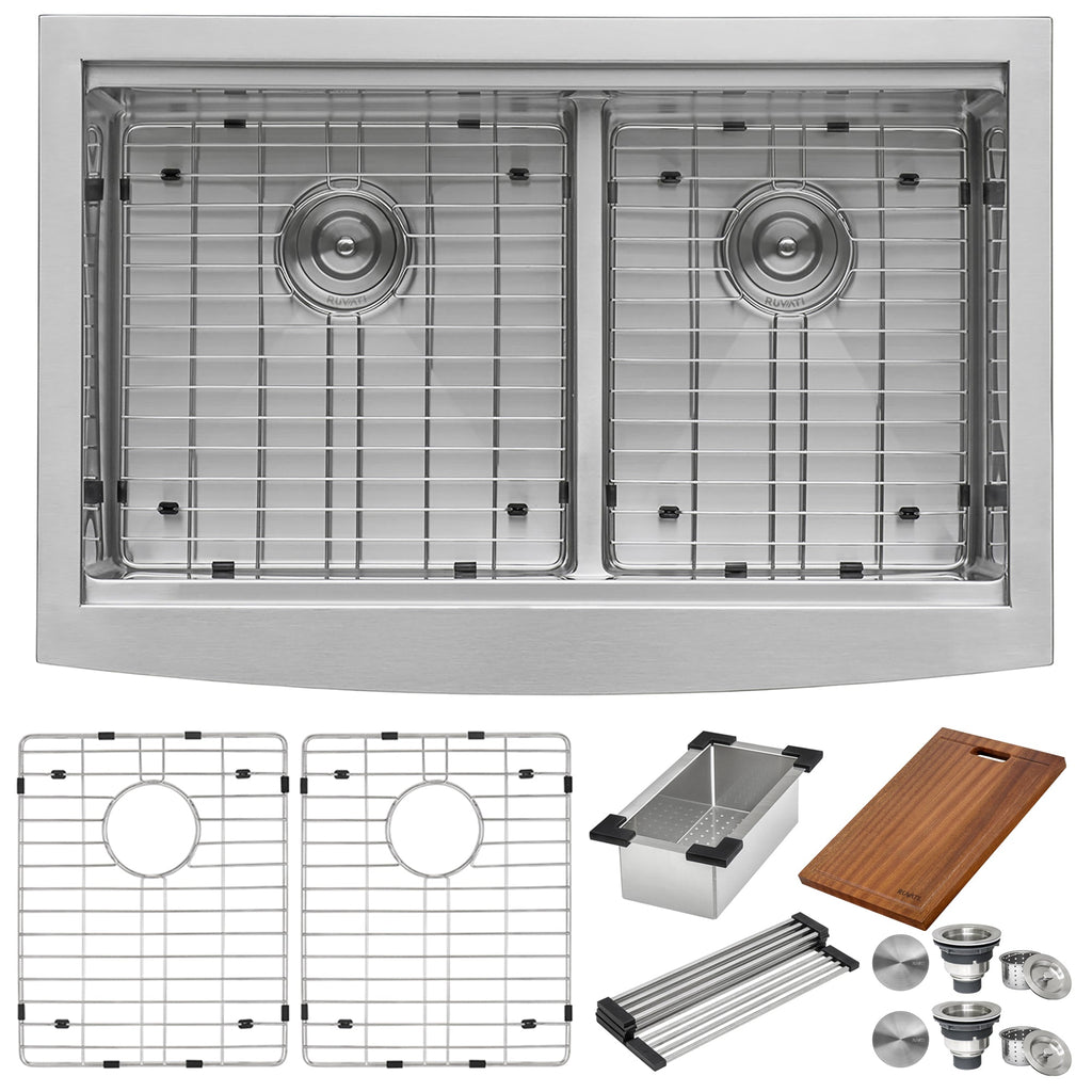 Ruvati Rounded Crnrs Apron Front Workstation Farmhouse 16G 33x22 60/40 Double Bowl