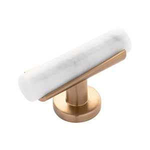 Firenze T-Knob 2-1/2 Inch x 1 Inch White Marble with Champagne Bronze