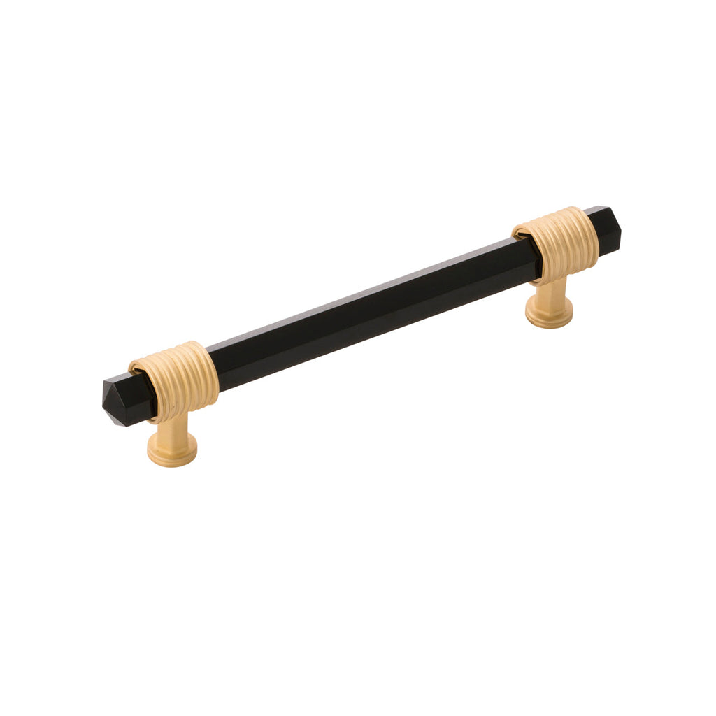Chrysalis Pull 5-1/16 Inch (128mm) Center to Center Brushed Golden Brass with Opaque Black Glass Finish