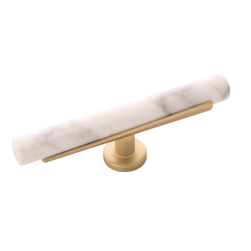 Firenze T-Knob 5 Inch x 1 Inch White Marble with Brushed Golden Brass Finish