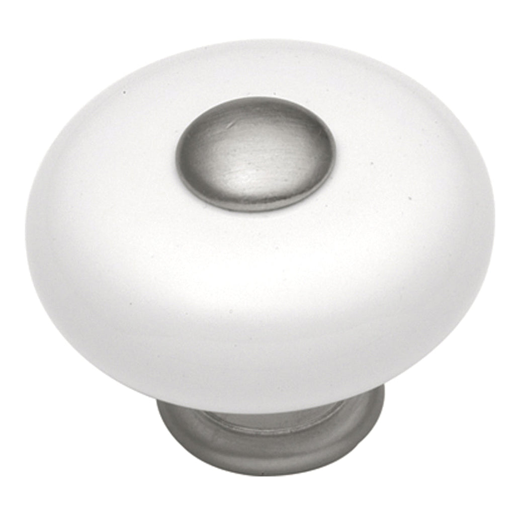 Tranquility Knob 1-1/4 Inch Diameter Satin Nickel with White Finish