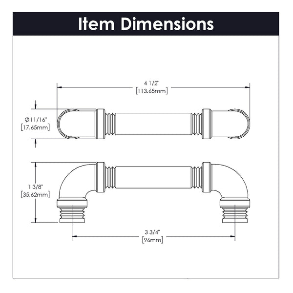Pipeline Pull 3-3/4 Inch (96mm) Center to Center Black Nickel Vibed