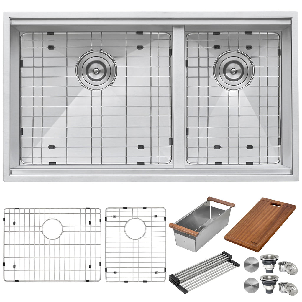 Square Corners Undermount Low Divide Workstation 33x19 60/40 Double Basin