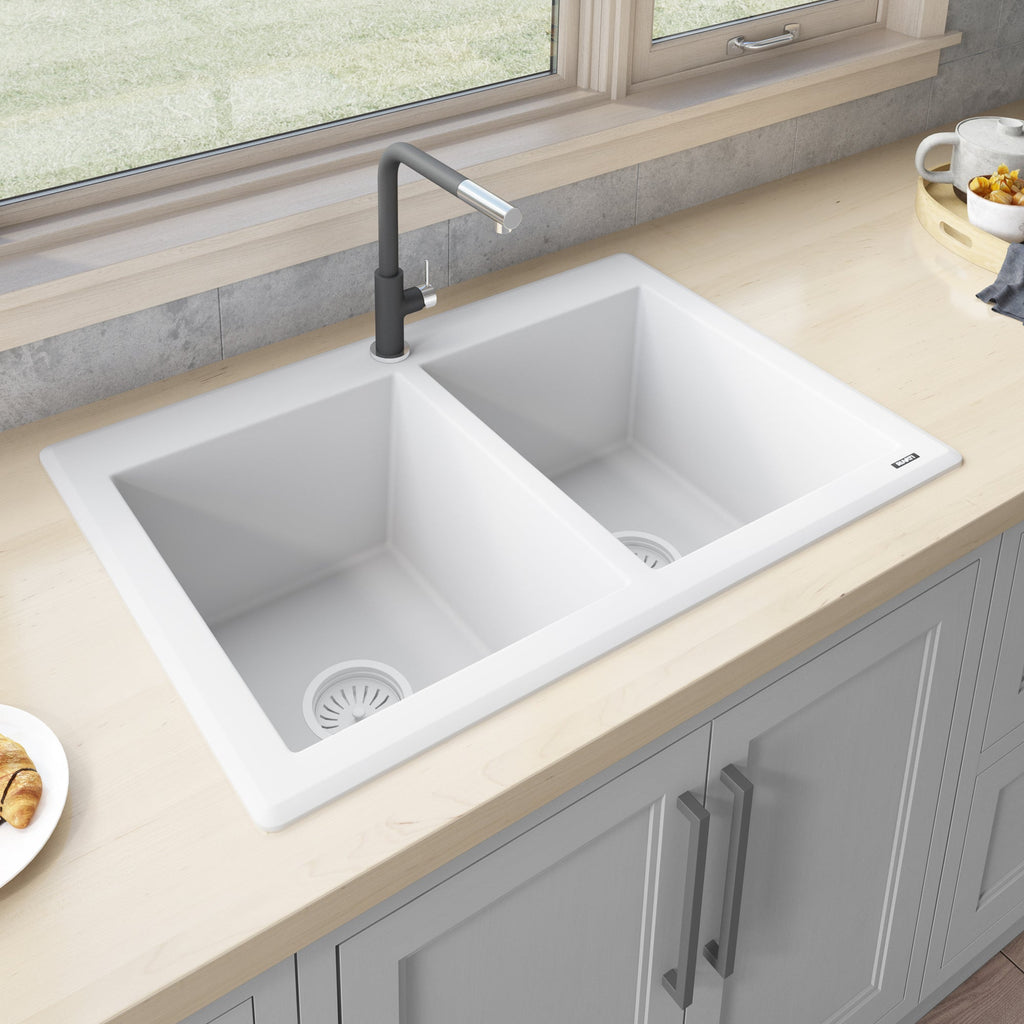 Granite Sink Topmount 33x22 50/50 Double Bowl Artic White