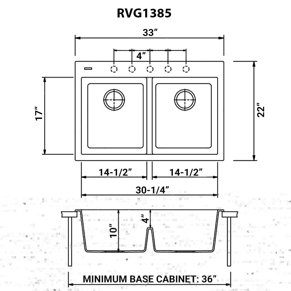 Granite Sink Topmount 33x22 50/50 Double Bowl Midnight Black