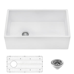 Fireclay Farmhouse Offset Drain 30x18 SB Left Drain White