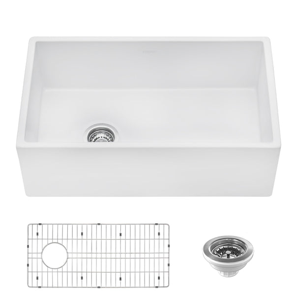 Fireclay Farmhouse Offset Drain 30x18 SB Left Drain White
