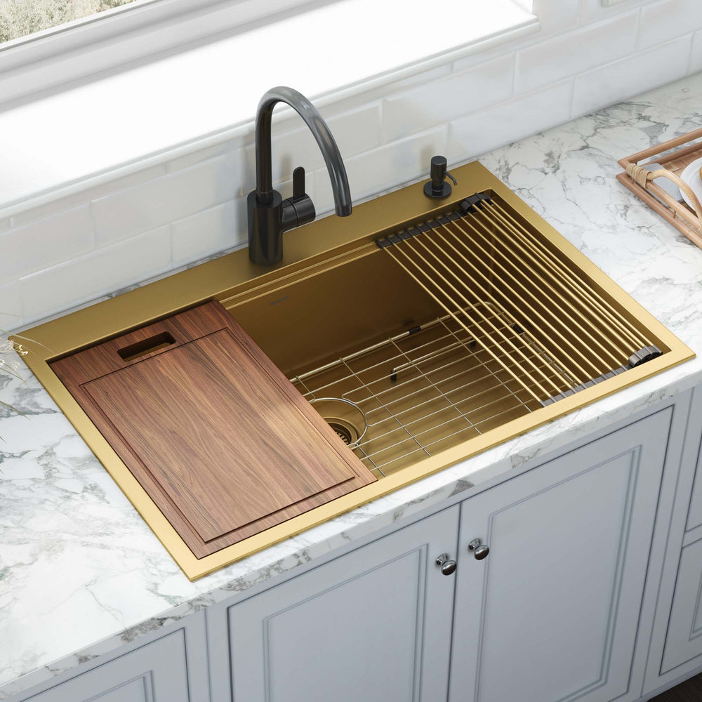 Topmount Workstation 33x22 Single Basin Sink Gold