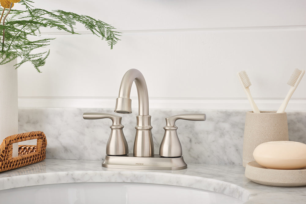 MOEN® Brushed Nickel Two-Handle 4" Traditional Centerset Bathroom Faucet