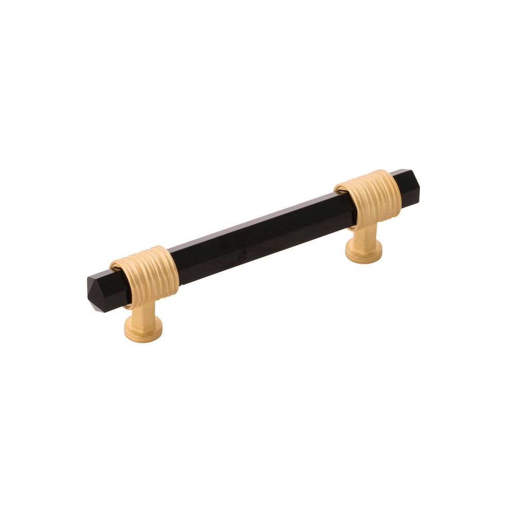 Chrysalis Collection Pull 3-3/4 Inch (96mm) Center to Center Brushed Golden Brass with Opaque Black Glass Finish