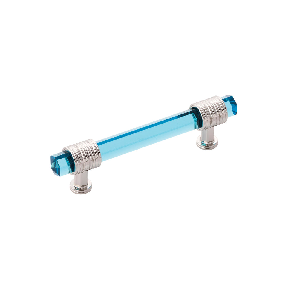 Chrysalis Collection Pull 3-3/4 Inch (96mm) Center to Center Polished Nickel with Cerulean Glass Finish