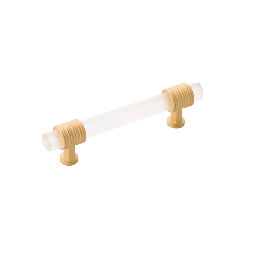 Chrysalis Collection Pull 3-3/4 Inch (96mm) Center to Center Brushed Golden Brass with Frosted Glass Finish