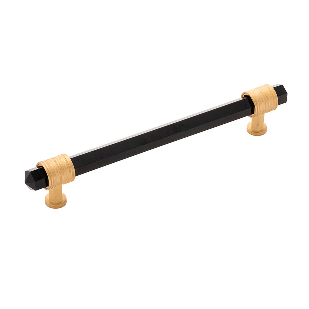 Chrysalis Collection Pull 6-5/16 Inch (160mm) Center to Center Brushed Golden Brass with Opaque Black Glass Finish