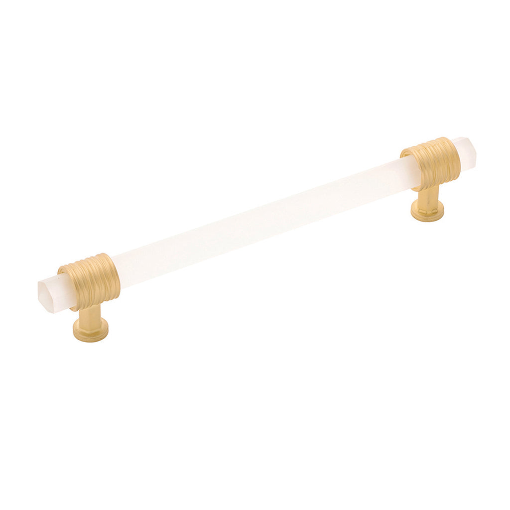 Chrysalis Collection Pull 6-5/16 Inch (160mm) Center to Center Brushed Golden Brass with Frosted Glass Finish
