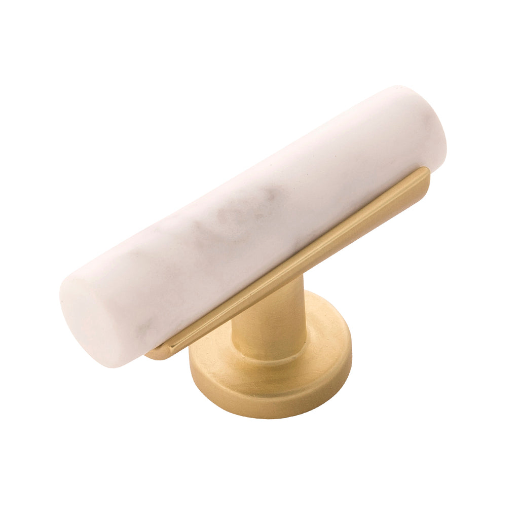 Firenze Collection T-Knob 2-1/2 Inch x 1 Inch White Marble with Brushed Golden Brass Finish
