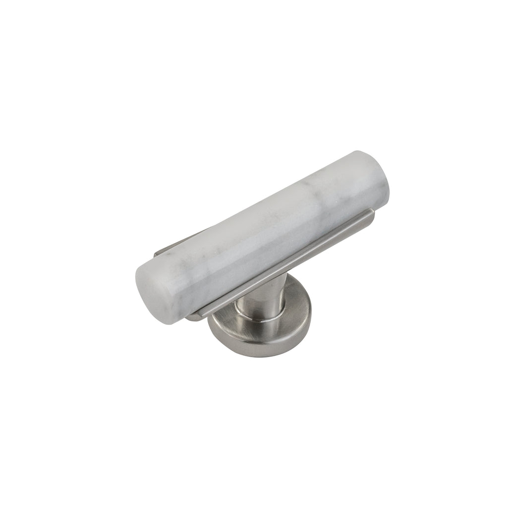 Firenze Collection T-Knob 2-1/2 Inch x 1 Inch White Marble with Satin Nickel Finish
