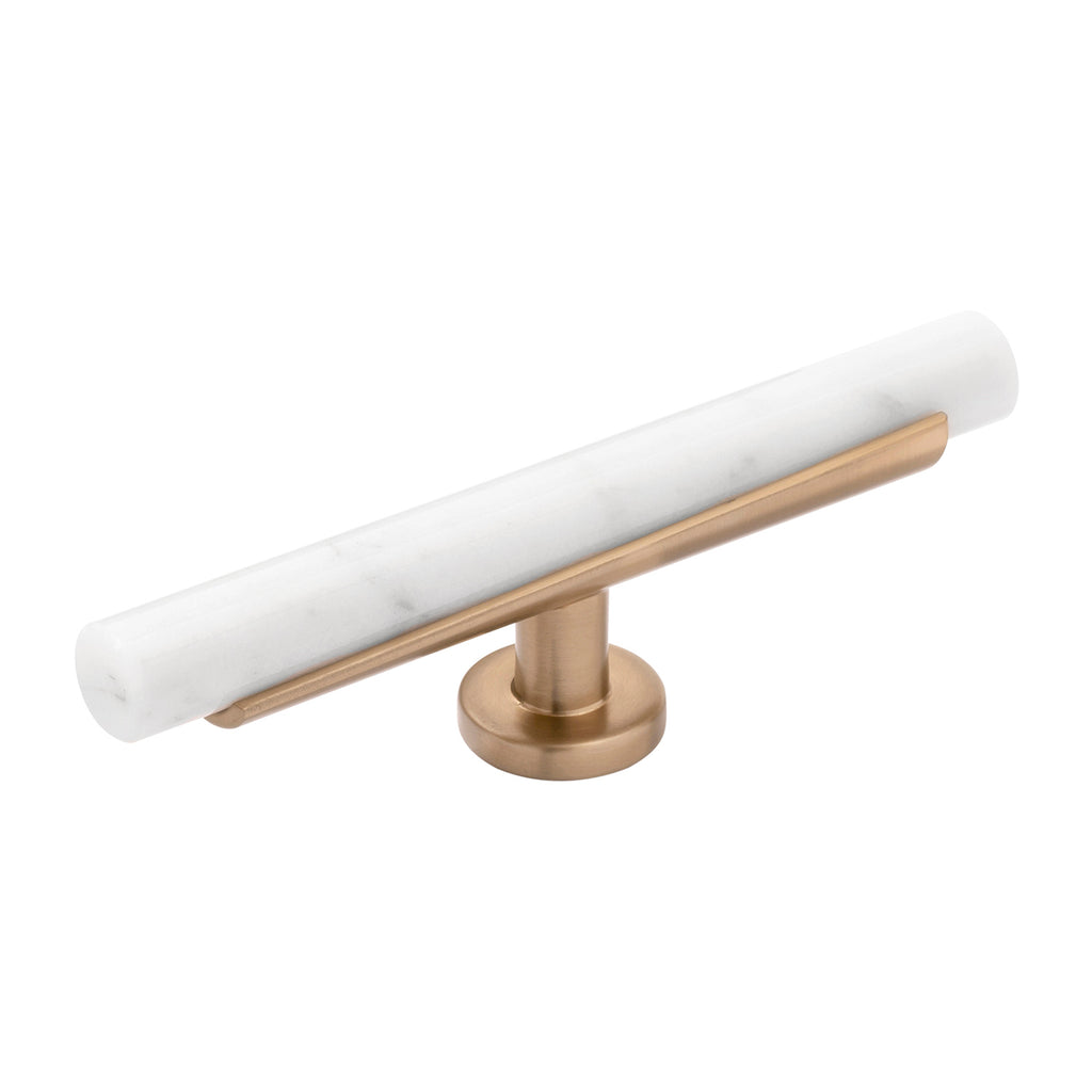 Firenze Collection T-Knob 5 Inch x 1 Inch White Marble with Champagne Bronze Finish