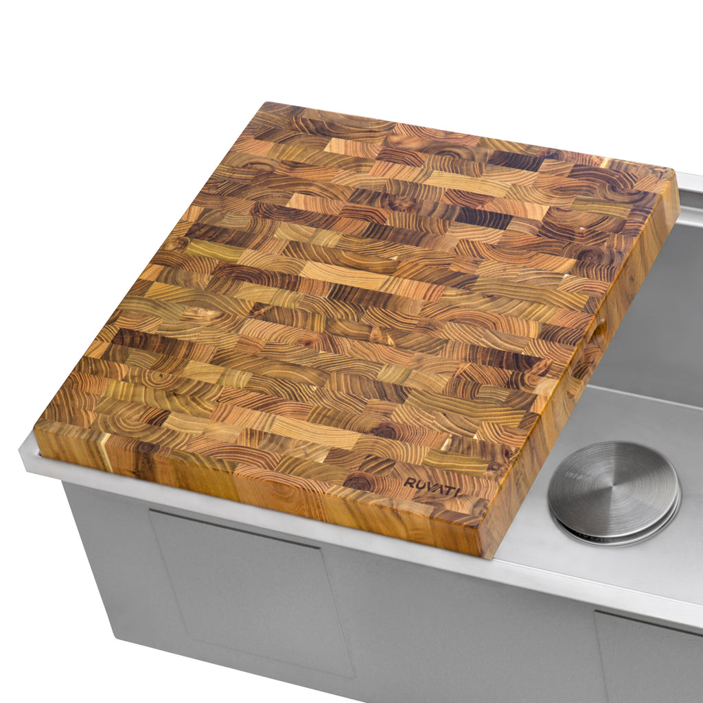 17 x 16 x 2 inch thick End Grain Teak Butcher Block Solid Wood Large Workstation Cutting Board