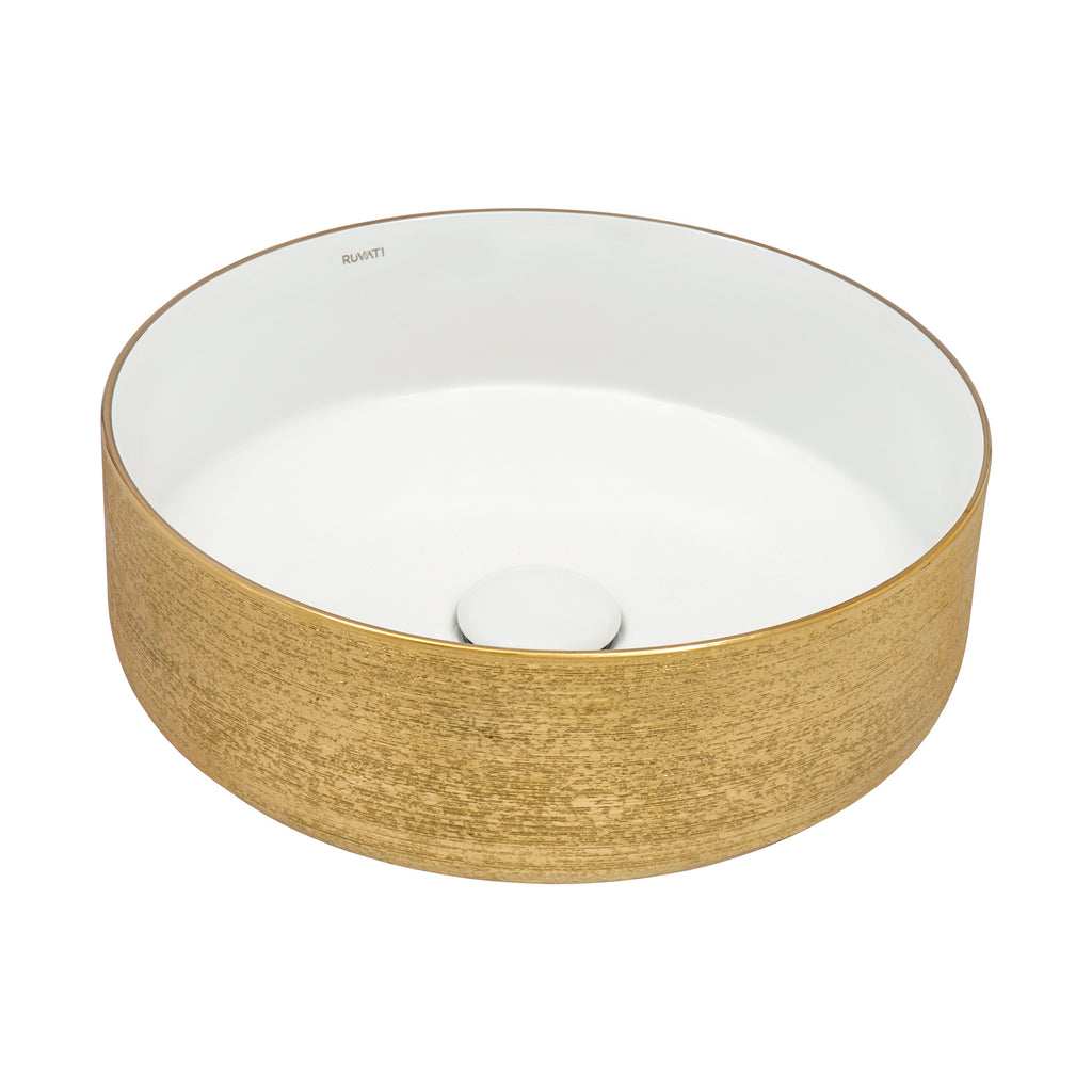 14" Bathroom Vessel Sink Round Gold Decorative Art Above Vanity Counter White Ceramic