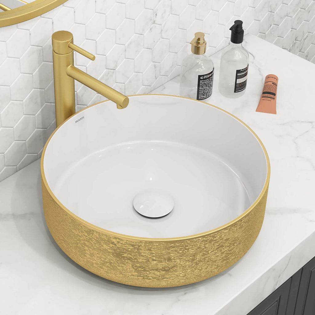 14" Bathroom Vessel Sink Round Gold Decorative Art Above Vanity Counter White Ceramic