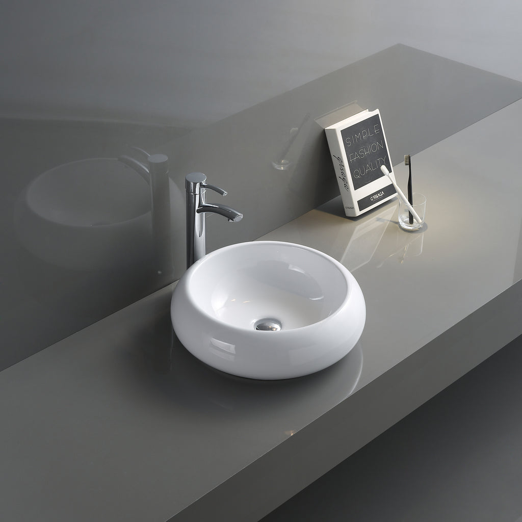 18" Round Bathroom Vessel Sink White Above Vanity Counter Circular Porcelain Ceramic