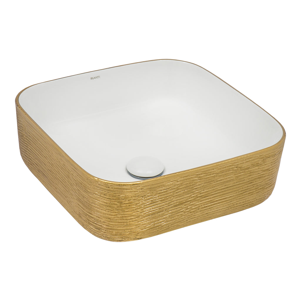 15 x 15" Bathroom Vessel Sink Gold Decorative Art Above Vanity Counter White Ceramic
